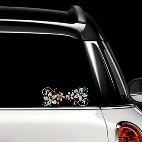 Holographic Glitter Floral Vinyl Decal 10 x 5 Inch Waterproof Flower Sticker for Car Window Laptop Mirror Water Bottle, Aesthetic Botanical Decal for (Rainbow Colors) in Saudi Arabia