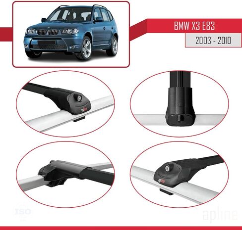 متوافق مع BMW X3 (E83) 2003-2010 ACE-1 طراز رف سقف السيارة شريط متقاطع من الألومنيوم الأسود 2 بار in Saudi Arabia