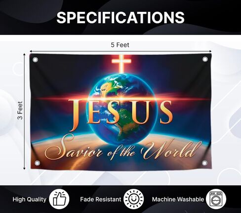 3x5 Feet Christian Jesus Flag with Quote ''Jesus Savior of the World'' with Four Brass Grommets - Polyester Religious Decor Flags for Churches - Single Sided Creative Banners for Easter Day in Kuwait
