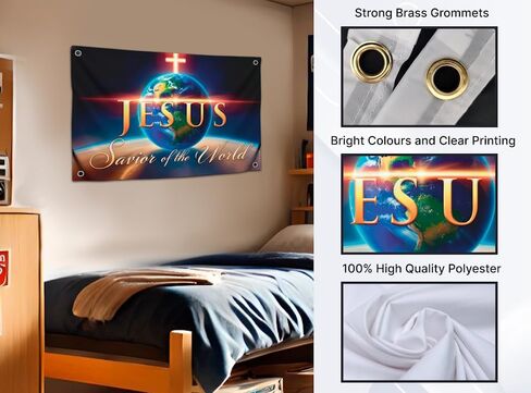 3x5 Feet Christian Jesus Flag with Quote ''Jesus Savior of the World'' with Four Brass Grommets - Polyester Religious Decor Flags for Churches - Single Sided Creative Banners for Easter Day in Kuwait