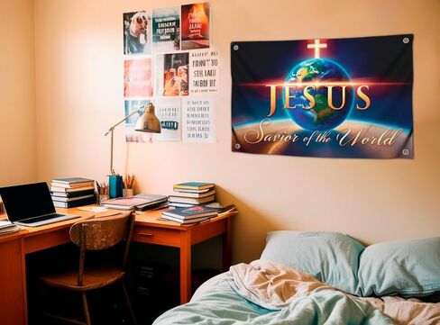 3x5 Feet Christian Jesus Flag with Quote ''Jesus Savior of the World'' with Four Brass Grommets - Polyester Religious Decor Flags for Churches - Single Sided Creative Banners for Easter Day in Kuwait