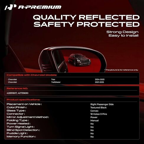 A-Premium Passenger Side Power Door Mirror - Compatible with Chevrolet Trax 2024-2025, Trailblazer 2021-2025 - Non-Heated Manual Folding Black Outside Rear View Mirror in Kuwait