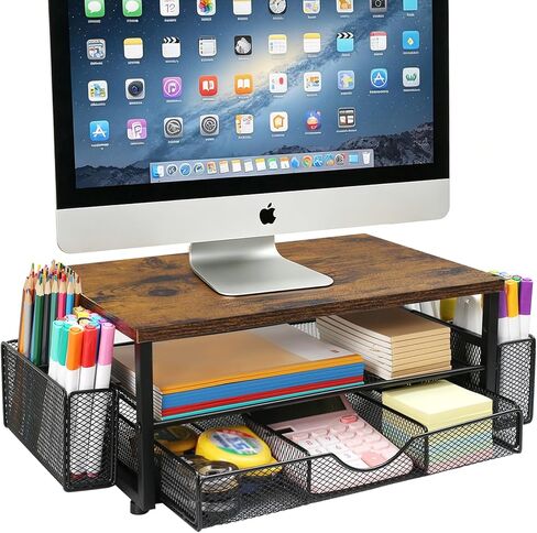 Wooden Monitor Stand Riser 2-Tier Desk Organizer with Drawers and Pen Holders Multi-Functional for Home Office Sturdy Easy Assembly Strong Load Bearing. in Saudi Arabia