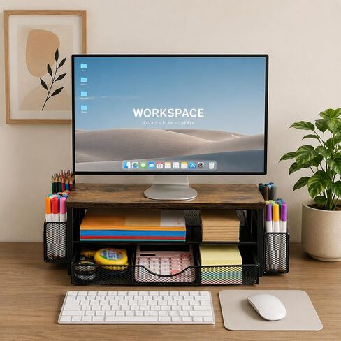 Wooden Monitor Stand Riser 2-Tier Desk Organizer with Drawers and Pen Holders Multi-Functional for Home Office Sturdy Easy Assembly Strong Load Bearing. in Saudi Arabia
