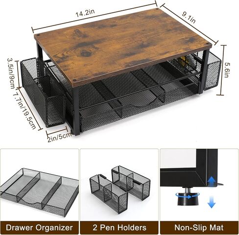 Wooden Monitor Stand Riser 2-Tier Desk Organizer with Drawers and Pen Holders Multi-Functional for Home Office Sturdy Easy Assembly Strong Load Bearing. in Saudi Arabia