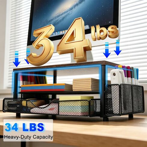 Wooden Monitor Stand Riser 2-Tier Desk Organizer with Drawers and Pen Holders Multi-Functional for Home Office Sturdy Easy Assembly Strong Load Bearing. in Saudi Arabia