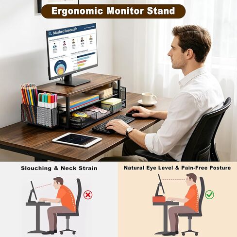 Wooden Monitor Stand Riser 2-Tier Desk Organizer with Drawers and Pen Holders Multi-Functional for Home Office Sturdy Easy Assembly Strong Load Bearing. in Saudi Arabia