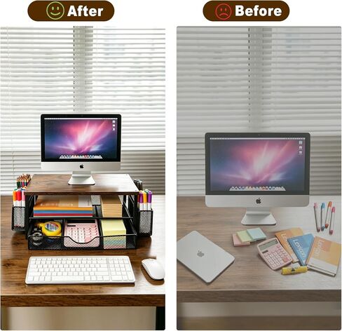 Wooden Monitor Stand Riser 2-Tier Desk Organizer with Drawers and Pen Holders Multi-Functional for Home Office Sturdy Easy Assembly Strong Load Bearing. in Saudi Arabia