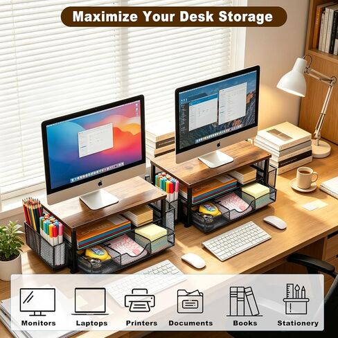 Wooden Monitor Stand Riser 2-Tier Desk Organizer with Drawers and Pen Holders Multi-Functional for Home Office Sturdy Easy Assembly Strong Load Bearing. in Saudi Arabia