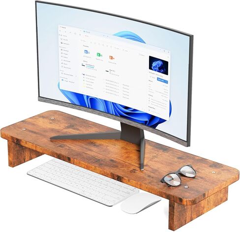 Rustic Wood Monitor Stand Riser, Brown, 60x20x8.5cm, Desk Organizer for Home and Office in Saudi Arabia