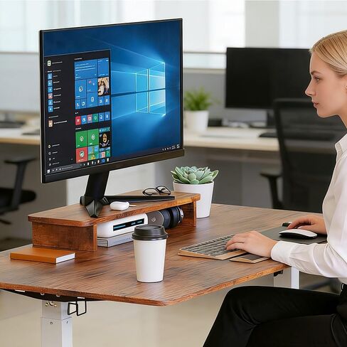 Rustic Wood Monitor Stand Riser, Brown, 60x20x8.5cm, Desk Organizer for Home and Office in Saudi Arabia