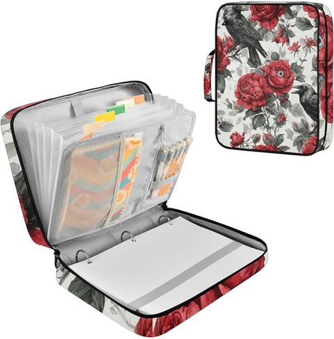 ALAZA Crow Eye Rose Pattern 3 Ring Binder Bag with 7-Pocket Accordion File Organizer, Letter Size, Expandable Filing Folder Portfolio & Case Ring Binders in Kuwait