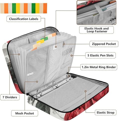 ALAZA Crow Eye Rose Pattern 3 Ring Binder Bag with 7-Pocket Accordion File Organizer, Letter Size, Expandable Filing Folder Portfolio & Case Ring Binders in Kuwait