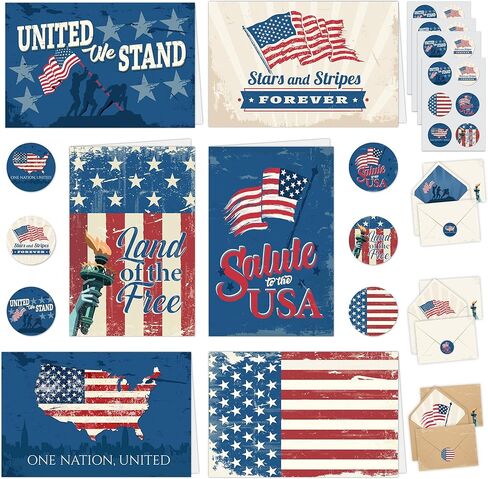 Decorably 24 Pack 6x4in Military Appreciation Cards with Envelopes and Stickers, 6 Designs Memorial Day Cards with Envelopes with a Printed Message Inside - Veterans Day, Appreciation in Kuwait