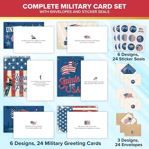 Decorably 24 Pack 6x4in Military Appreciation Cards with Envelopes and Stickers, 6 Designs Memorial Day Cards with Envelopes with a Printed Message Inside - Veterans Day, Appreciation in Kuwait