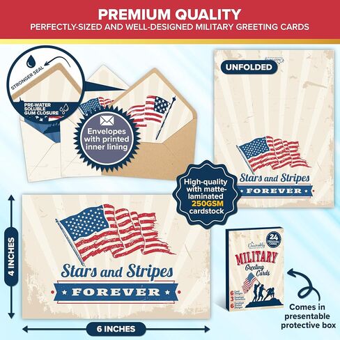 Decorably 24 Pack 6x4in Military Appreciation Cards with Envelopes and Stickers, 6 Designs Memorial Day Cards with Envelopes with a Printed Message Inside - Veterans Day, Appreciation in Kuwait