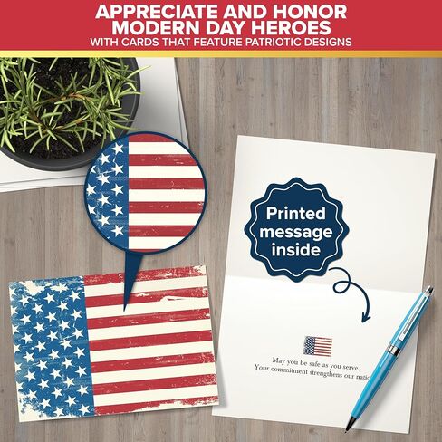Decorably 24 Pack 6x4in Military Appreciation Cards with Envelopes and Stickers, 6 Designs Memorial Day Cards with Envelopes with a Printed Message Inside - Veterans Day, Appreciation in Kuwait