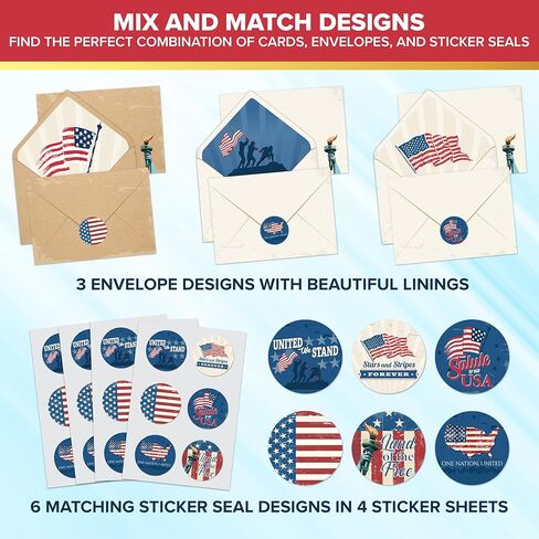 Decorably 24 Pack 6x4in Military Appreciation Cards with Envelopes and Stickers, 6 Designs Memorial Day Cards with Envelopes with a Printed Message Inside - Veterans Day, Appreciation in Kuwait