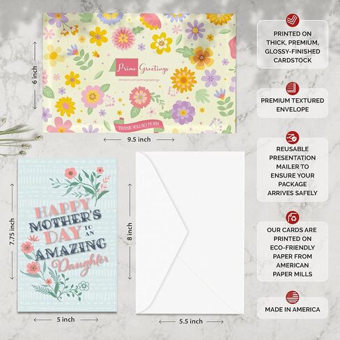 Prime Greetings Mother's Day Card, Made in America, Eco-Friendly, Thick Card Stock with Premium Envelope 5in x 7.75in, Packaged in Protective Mailer… (Daughter) in Kuwait