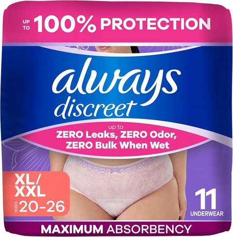 Always Discreet Reimagined Adult Diapers for Women, Maximum Absorbency Incontinence and Postpartum Underwear Size 3X+, Up to 100% Leak Free Bladder Leak Protection, 52 Count​ in Kuwait