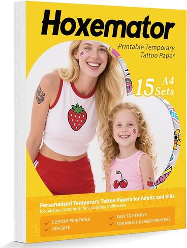 Hoxemator Temporary Tattoo Paper for Laser & Inkjet Printers, 15 Sheets 8.5"x11" Printable Waterslide Tattoo Transfer Paper, Skin-Safe DIY Custom Fake Tattoos for Cosplay, Parties & Festival in Saudi Arabia