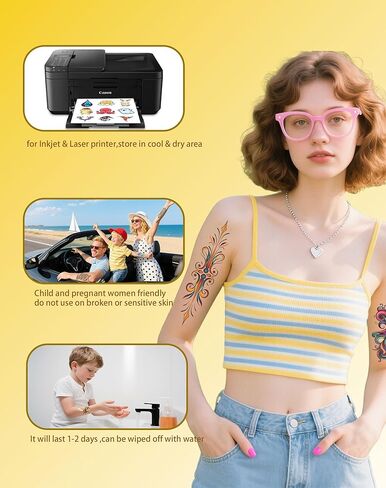 Hoxemator Temporary Tattoo Paper for Laser & Inkjet Printers, 15 Sheets 8.5"x11" Printable Waterslide Tattoo Transfer Paper, Skin-Safe DIY Custom Fake Tattoos for Cosplay, Parties & Festival in Saudi Arabia
