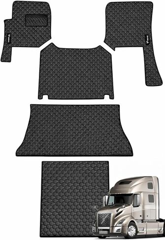 Floor Mat Set Compatible with Volvo VNL 860 Semi Truck – Black Faux Leather Floor Liners with Grey Stitching, Heavy-Duty Interior Protection, Easy to Clean, Custom Mats (Black/Grey) in Saudi Arabia