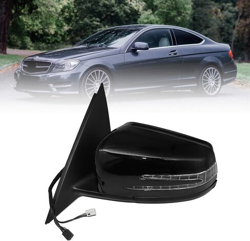 Priprilod مرآة خارجية للسائق باللون الأسود على الجانب الأيسر مناسبة لسيارة Mercedes-Benz C63 AMG C250 C300 C350 2010-2014 تعتيم تلقائي، ساخنة، منظر جانبي، ضوء إشارة داخلي، مع ضوء بركة #2048103176 in Kuwait