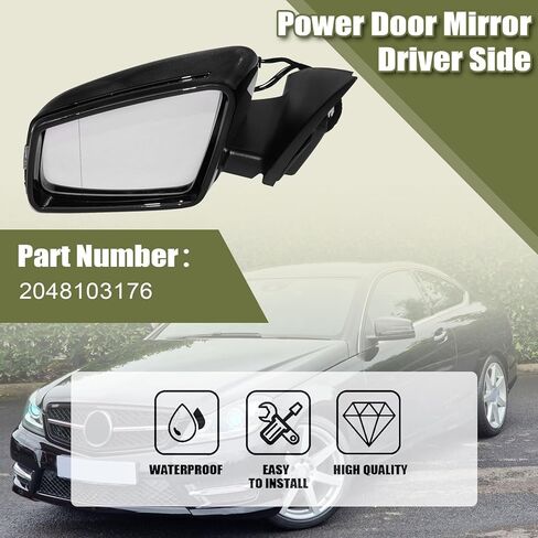 Priprilod مرآة خارجية للسائق باللون الأسود على الجانب الأيسر مناسبة لسيارة Mercedes-Benz C63 AMG C250 C300 C350 2010-2014 تعتيم تلقائي، ساخنة، منظر جانبي، ضوء إشارة داخلي، مع ضوء بركة #2048103176 in Kuwait