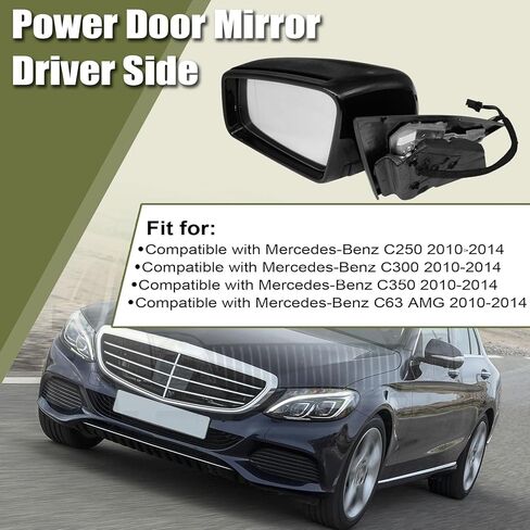 Priprilod مرآة خارجية للسائق باللون الأسود على الجانب الأيسر مناسبة لسيارة Mercedes-Benz C63 AMG C250 C300 C350 2010-2014 تعتيم تلقائي، ساخنة، منظر جانبي، ضوء إشارة داخلي، مع ضوء بركة #2048103176 in Kuwait