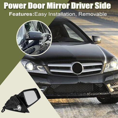 Priprilod مرآة خارجية للسائق باللون الأسود على الجانب الأيسر مناسبة لسيارة Mercedes-Benz C63 AMG C250 C300 C350 2010-2014 تعتيم تلقائي، ساخنة، منظر جانبي، ضوء إشارة داخلي، مع ضوء بركة #2048103176 in Kuwait
