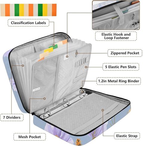 ALAZA Marigold Yellow Purple 3 Ring Binder Bag with 7-Pocket Accordion File Organizer, Letter Size, Expandable Filing Folder Portfolio & Case Ring Binders in Kuwait