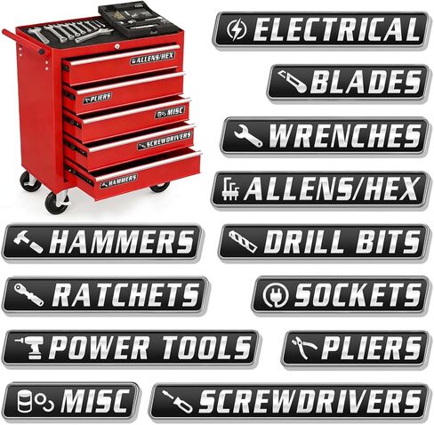 12 Pack Magnetic Toolbox Labels,3D Metal Tool Chest Organizer Tags,Heavy Duty Embossed Labels for Mechanic Tool Box,Waterproof & Reusable Identification Badges for Wrenches,Sockets,Pliers (Black) in Saudi Arabia
