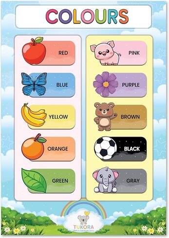 Tukora Colours Learning Poster for Kids – Educational Colour Chart for Toddlers & Preschool Children – Colour Recognition Wall Art for Nursery, Classroom & Playroom – Bright Educational Print in Saudi Arabia