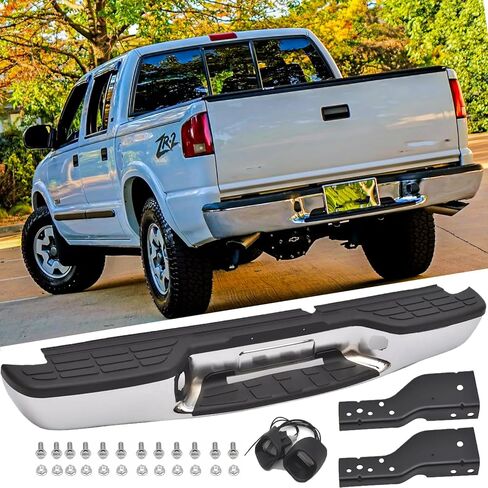 Rear Step Bumper Assembly for 1998-2004 Chevy S10 & GMC Sonoma Chrome Back Bumper Replacement for GM1101102,with Pads Brackets and License Plate Lights in Kuwait