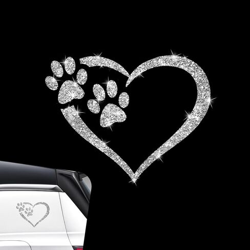 Bling Heart with Dog Paw Reflective Decal, 5.9" x 4.72" Waterproof Vinyl Window Sticker, Sparkly Footprint Heart Decor Decal, Universal for Most Cars, Motorcycles (White) in Saudi Arabia