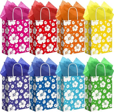 MIMIND 48 Pack Hibiscus Party Favor Bags Hawaiian Themed Paper Bag with Handles Tissue Paper Summer Tropical Gift Bags Tiki Luau Treat Goodie Bag for Hawaii Party Summer Birthday Supplies, Multicolor in Saudi Arabia