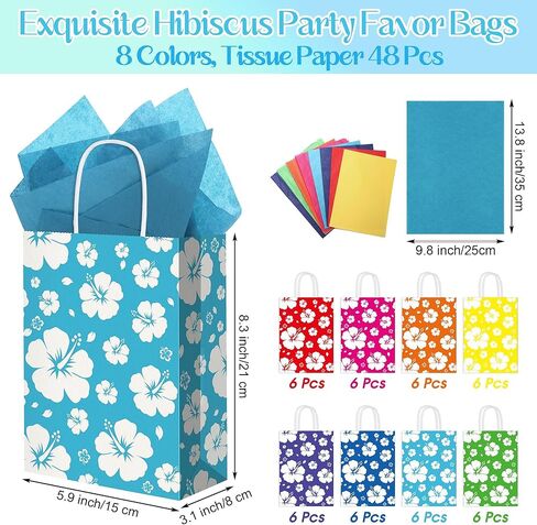 MIMIND 48 Pack Hibiscus Party Favor Bags Hawaiian Themed Paper Bag with Handles Tissue Paper Summer Tropical Gift Bags Tiki Luau Treat Goodie Bag for Hawaii Party Summer Birthday Supplies, Multicolor in Saudi Arabia
