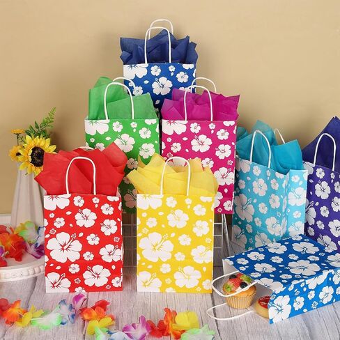MIMIND 48 Pack Hibiscus Party Favor Bags Hawaiian Themed Paper Bag with Handles Tissue Paper Summer Tropical Gift Bags Tiki Luau Treat Goodie Bag for Hawaii Party Summer Birthday Supplies, Multicolor in Saudi Arabia