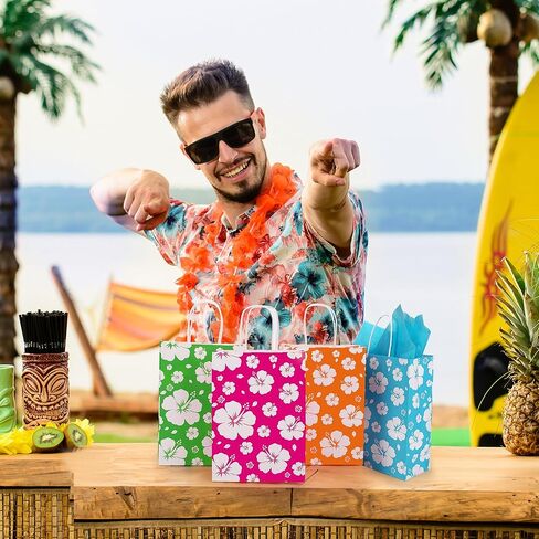 MIMIND 48 Pack Hibiscus Party Favor Bags Hawaiian Themed Paper Bag with Handles Tissue Paper Summer Tropical Gift Bags Tiki Luau Treat Goodie Bag for Hawaii Party Summer Birthday Supplies, Multicolor in Saudi Arabia
