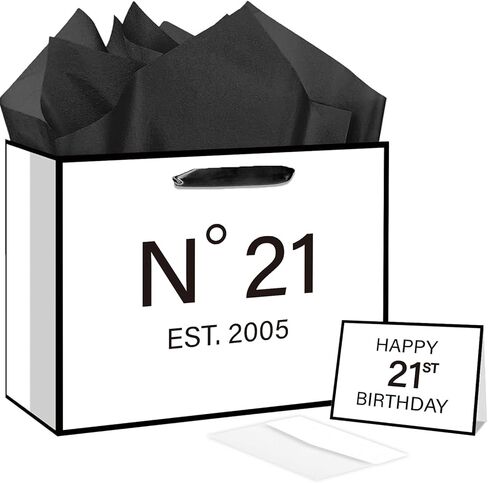 21st Birthday Gift Bag with Tissue Paper and Greeting Card N°21 EST.2005 21st Birthday Gifts Wrapping Paper Bag for Him Her Men Women, 21 Year-Old Present Wrap Bday Decorations Supplies in Saudi Arabia