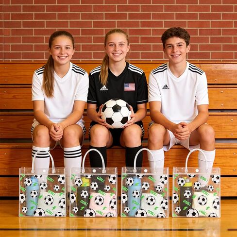 24Pcs Soccer Clear Goodie Bags - 7.9 x 7.9 x 3.15 Inch Plastic Favor Bags with Handles for Soccer Sport Theme Birthday Party, Team Treat Snack Bag, Gifts Bags for Team Celebration, Sports Party Supplies in Saudi Arabia