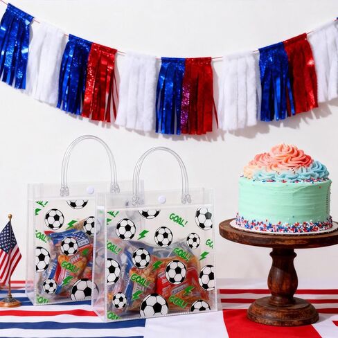 24Pcs Soccer Clear Goodie Bags - 7.9 x 7.9 x 3.15 Inch Plastic Favor Bags with Handles for Soccer Sport Theme Birthday Party, Team Treat Snack Bag, Gifts Bags for Team Celebration, Sports Party Supplies in Saudi Arabia