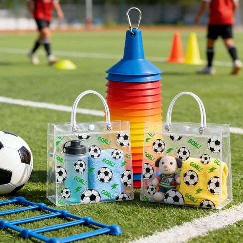 24Pcs Soccer Clear Goodie Bags - 7.9 x 7.9 x 3.15 Inch Plastic Favor Bags with Handles for Soccer Sport Theme Birthday Party, Team Treat Snack Bag, Gifts Bags for Team Celebration, Sports Party Supplies in Saudi Arabia