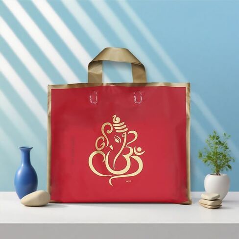 50 Elegant Reusable Gift Bags with Golden Ganesha Print – Premium Red and Gold Return Gift Bags for Weddings, Festivals, Poojas in Kuwait