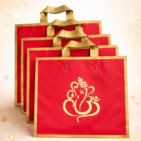 50 Elegant Reusable Gift Bags with Golden Ganesha Print – Premium Red and Gold Return Gift Bags for Weddings, Festivals, Poojas in Kuwait