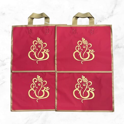 50 Elegant Reusable Gift Bags with Golden Ganesha Print – Premium Red and Gold Return Gift Bags for Weddings, Festivals, Poojas in Kuwait