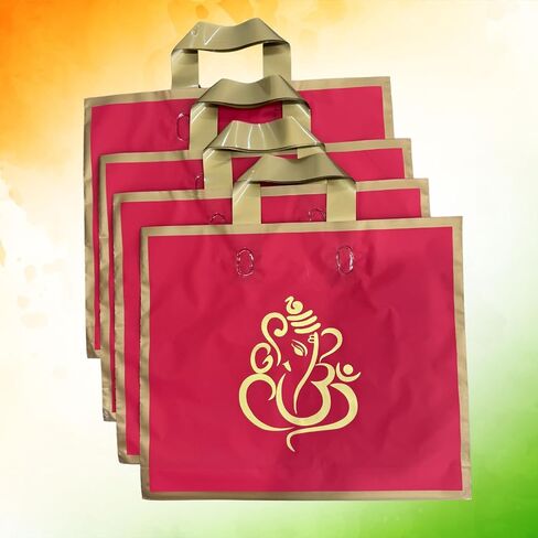 50 Elegant Reusable Gift Bags with Golden Ganesha Print – Premium Red and Gold Return Gift Bags for Weddings, Festivals, Poojas in Kuwait