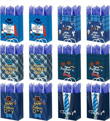 DECEED 12 PCS Fathers Day Gift Bags with Handles & Tissue Paper, Happy Fathers Day Paper Bags for Dad, Grandpa, Men, Fathers Day Birthday Party Favors & Holiday Gift Wrapping Supplies in Saudi Arabia