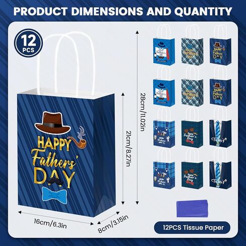 DECEED 12 PCS Fathers Day Gift Bags with Handles & Tissue Paper, Happy Fathers Day Paper Bags for Dad, Grandpa, Men, Fathers Day Birthday Party Favors & Holiday Gift Wrapping Supplies in Saudi Arabia